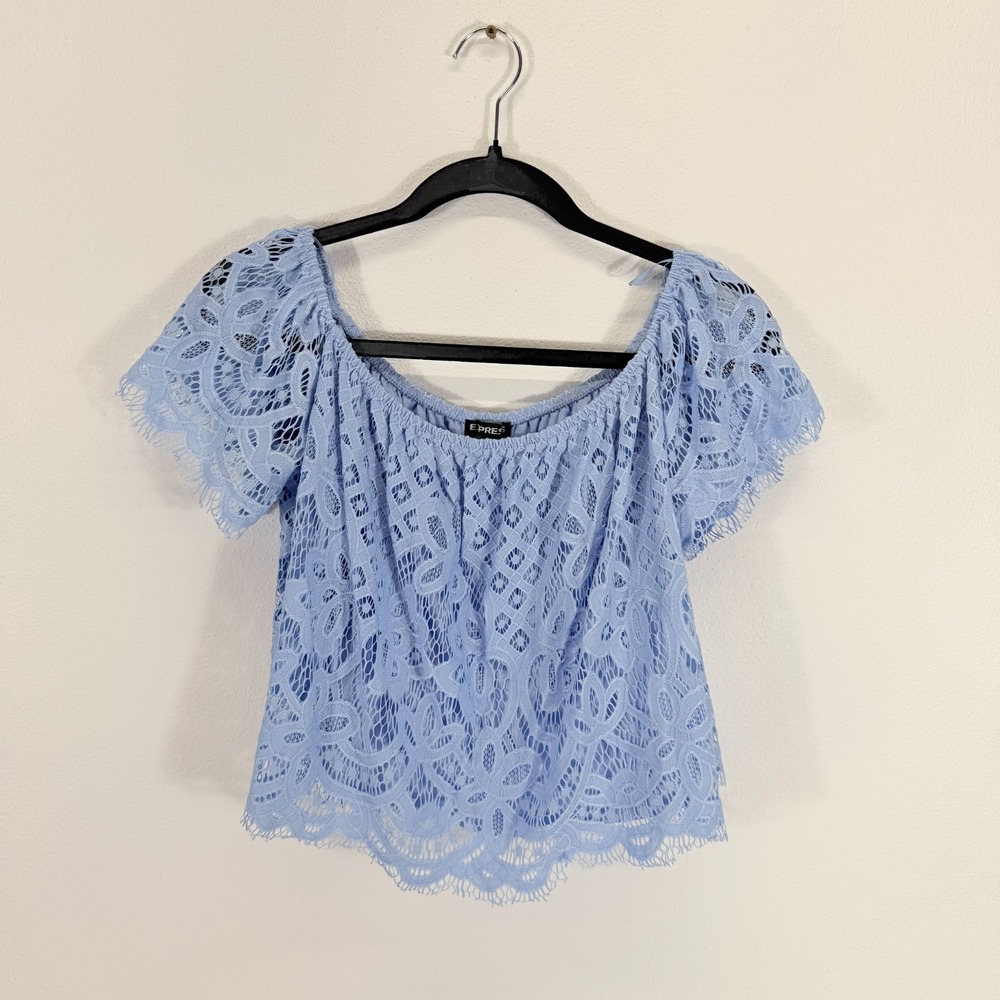 Express Boho Eyelash Lace Off the Shoulder Cropped Flutter Top Baby Blue‎ M
